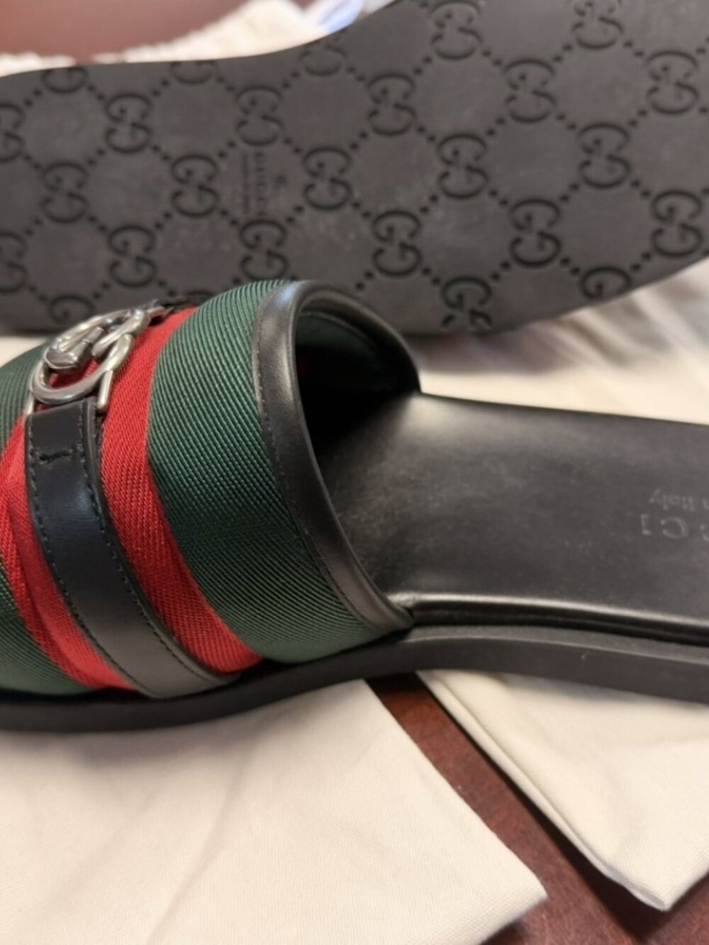 Gucci Men’s Size 11 Web Slide Sandals Black Leather GG Logo Green Red Stripe - Picture 3 of 10